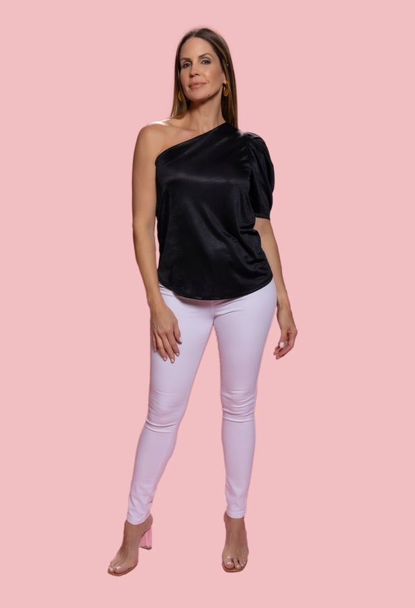 ONE SHOULDER BALLOON SLEEVES STRETCH WOVEN TOP